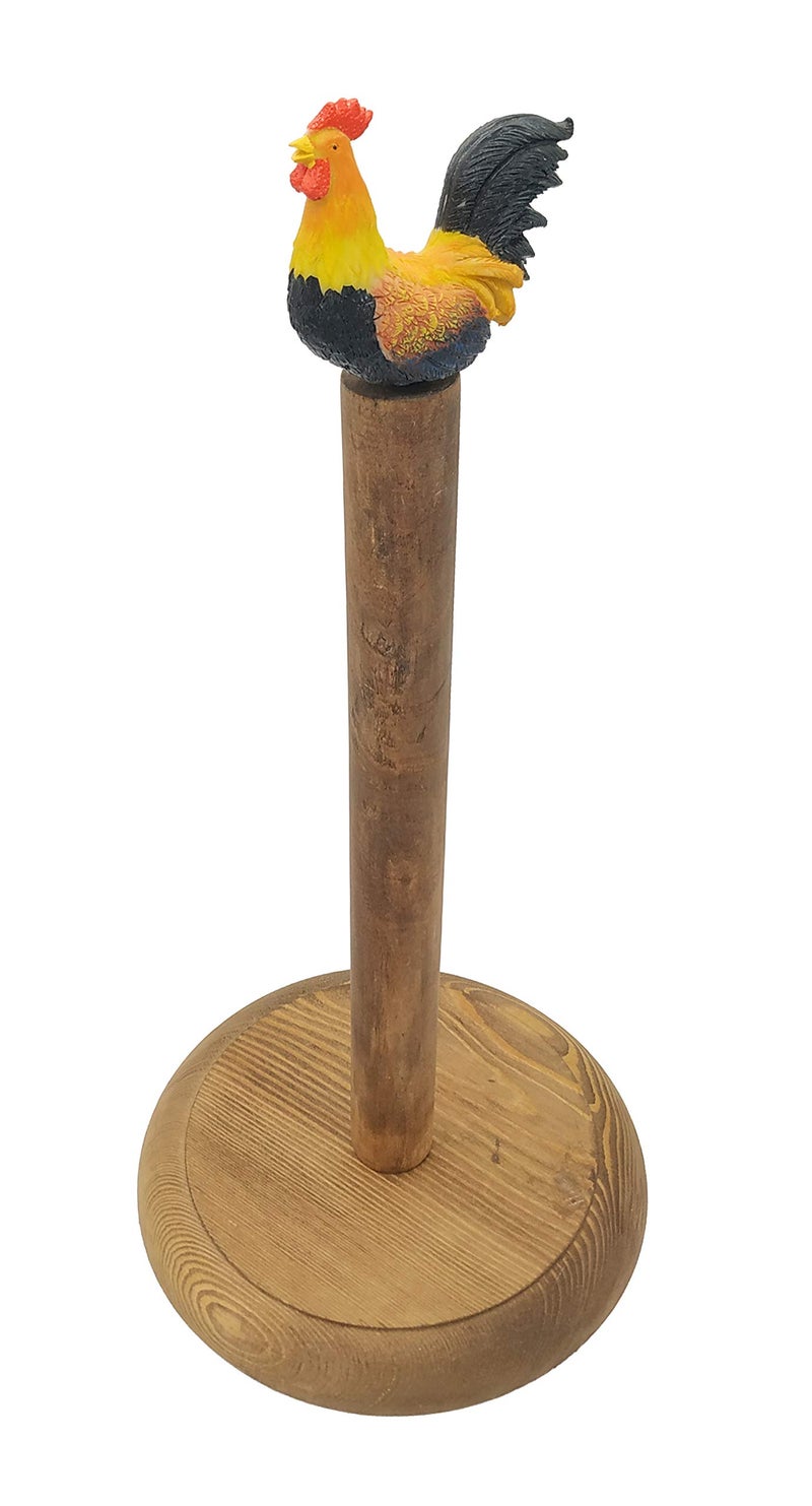 Owlgift Rooster Design Rustic Brown Wood Paper Towel Holder Stand Up Paper Towel Holder, Easy One-Handed Tear Kitchen Paper Towel Dispenser with Weighted Base for Standard Paper Towel Rolls - Image 4